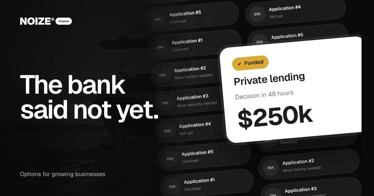 A wall of declined bank applications, beside a white Private lending card: Faster decisions, $250k funded.